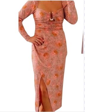 WAYF Selene Floral Ruched Long Sleeve Midi Dress Pink Orange L NWT